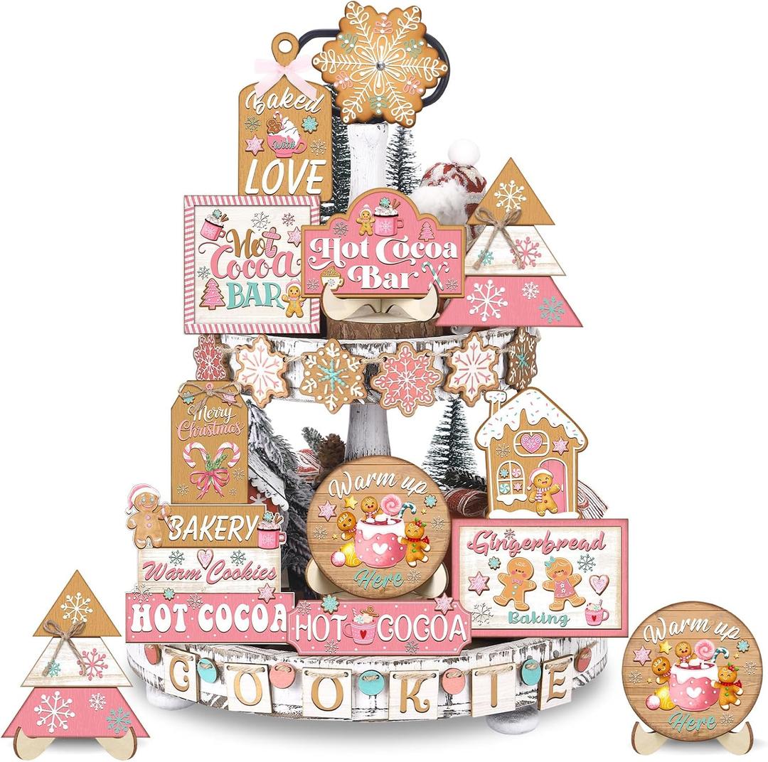 Youyole 30 Pcs Christmas Gingerbread Tiered Tray Decor Hot Cocoa Pink Christmas Wooden Sign Tabletop Centerpieces Tiered Tray Signs for Xmas Cafe Home Farmhouse Shelf Rustic Table Decoration