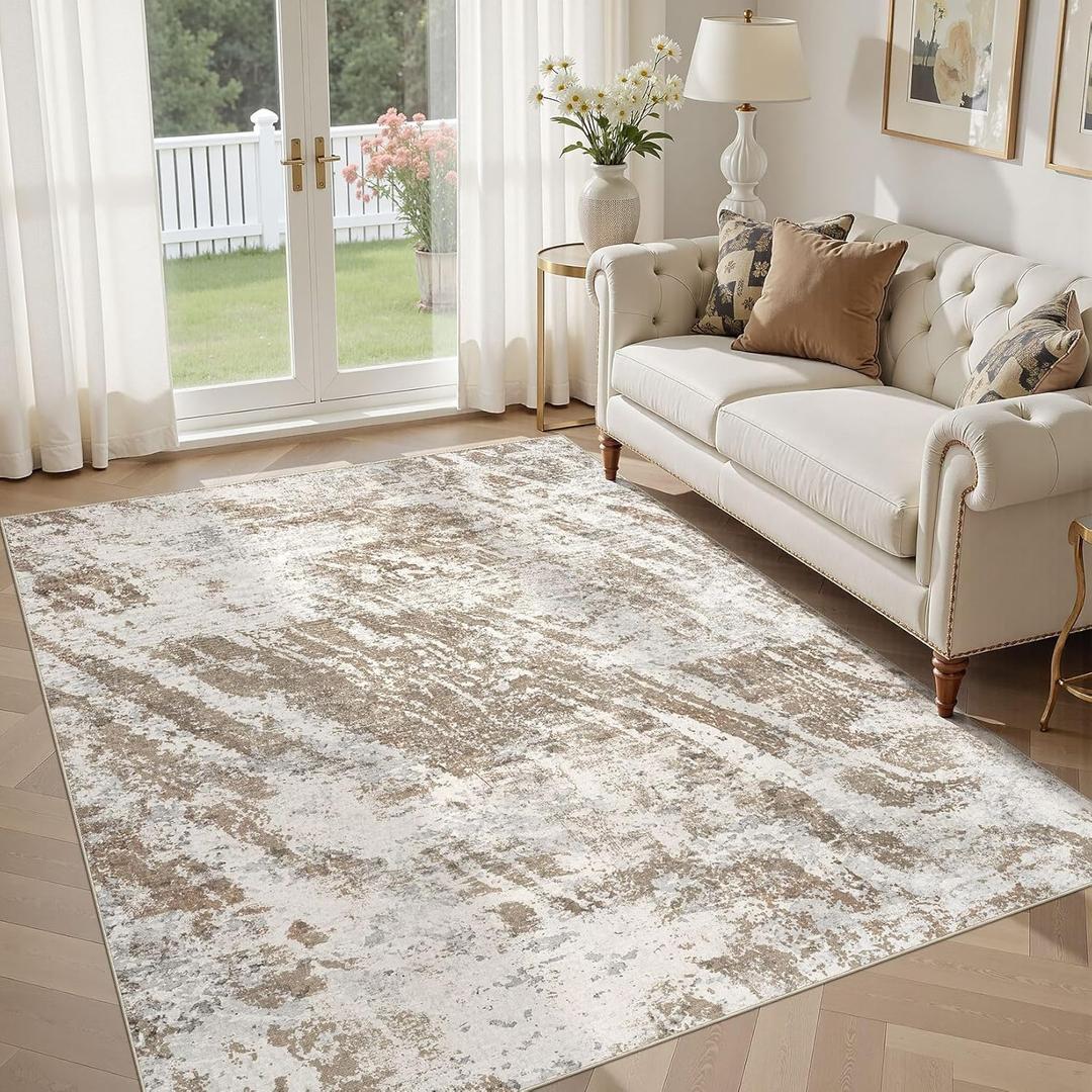 DMOYEST 6x9 Washable Area Rug: Abstract Modern Non-Slip Carpet, Soft Low Pile Indoor Neutral Easy Clean Floor Rugs for Living Room Bedroom Dining Room Kids & Pets - Brown