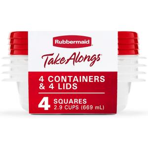 Rubbermaid TakeAlongs 2.9-Cup Square Food Storage Containers, 4-Pack, Chili Red