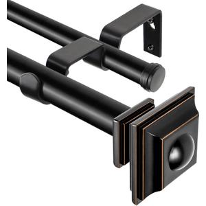 KAMANINA 1 Inch Double Curtain Rod 72 to 144 Inches (6-12 Feet) Telescoping Black Curtain Rods for Windows 69 to 140 Inches, Heavy Duty Drapery Rods with Square Finials
