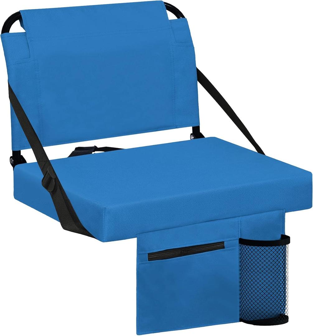Stadium Seat for Bleachers with Back Support and Wide Padded Cushion Stadium Chair - Includes Shoulder Strap and Cup Holder (Blue)