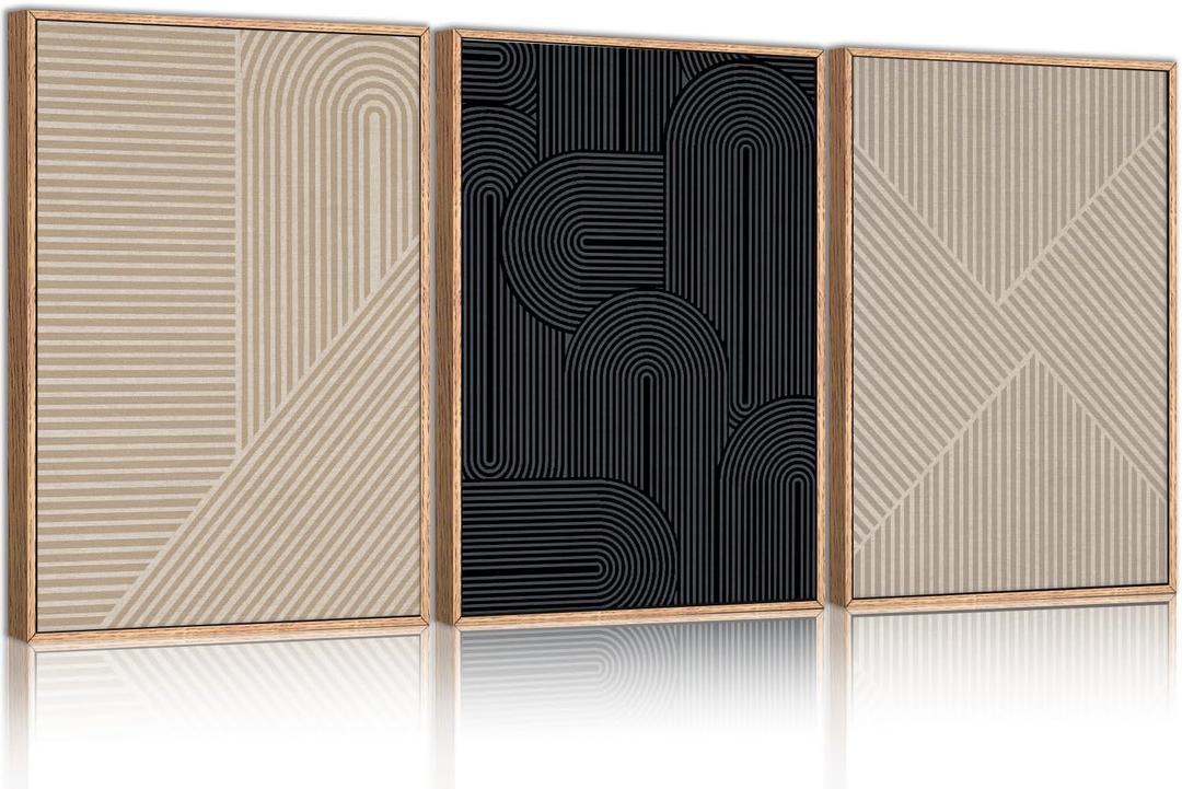 LHIUEM Large Neutral Minimalist Line Framed Canvas Wall Art Set,Boho Black and Beige Wall Decor,Abstract Geometric Modern Art Painting Painting for Living Room,Bedroom,Dining Room,Office -16"x24"x3