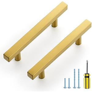 Ravinte 5 Pack Gold Cabinet Handles 3-1/2 Inch Brushed Brass Square Cabinet Pulls Gold Hardware for Kitchen Cabinets - 6 Inch Total Length