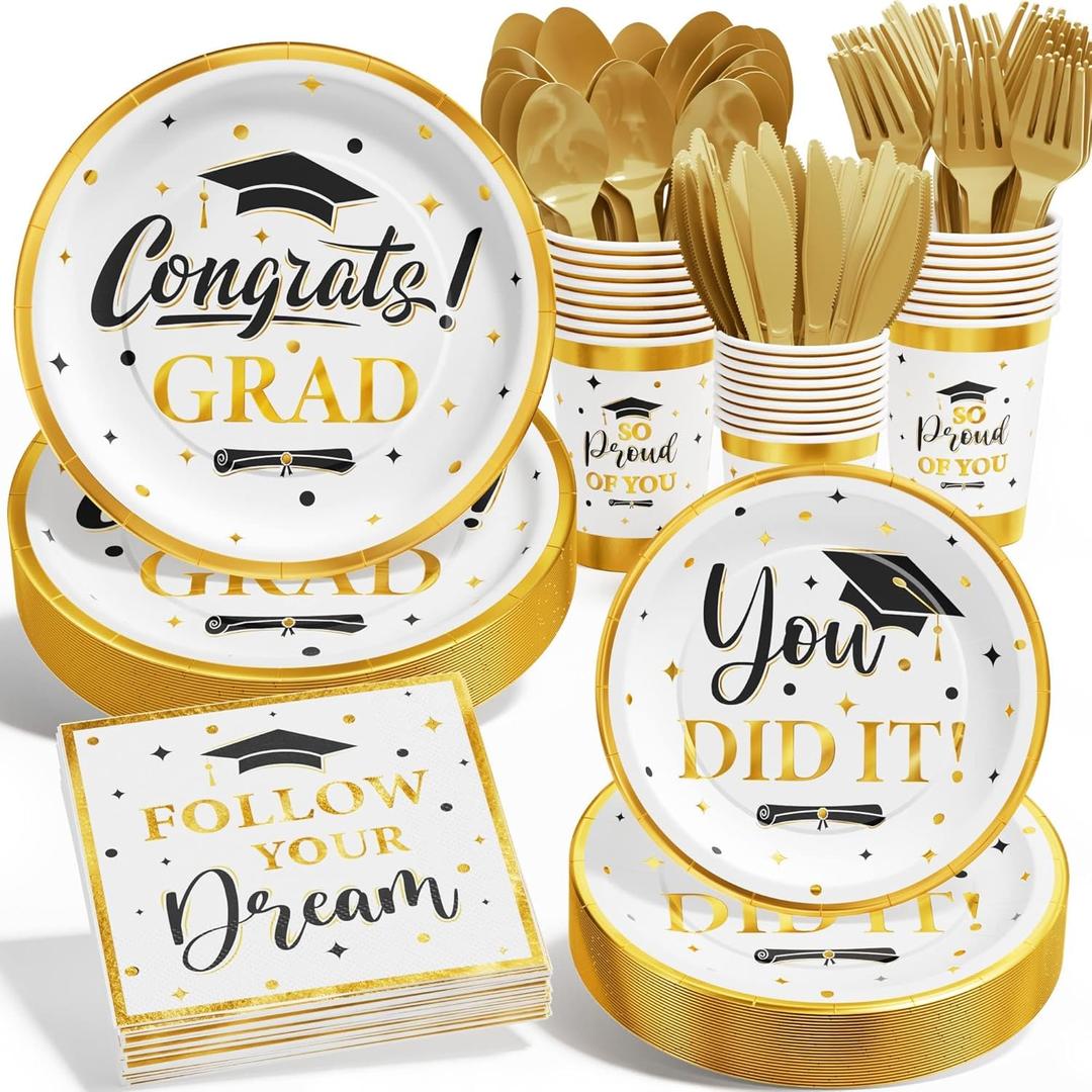 Ecomore Graduation Decoration Class of 2025, 175PCS Graduation Party Supplies Disposable Dinnerware(Serve 25) with Paper Plates Cup Napkin Fork Knife Spoon College High School Grad Decor(White & Gold)