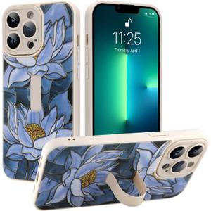 Compatible with iPhone 13 Pro Max Case with Finger Strap, Lotus Floral Shockproof Soft TPU Protective Cover for Women Girls, Slim Anti Scratch Case for iPhone 13 Pro Max 6.7 Inch, White