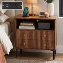 27" Fluted Walnut Nightstand with Charging Station, Wide Wood Bedside Table