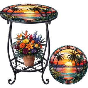 Cinnvoice Outdoor Side Table Round Small Mosaic Patio Accent Indoor End Plant Coffee Tea Table for Yard Patio Porch Garden Living Room, Bedroom(Palm Tree Style,14 Inch)