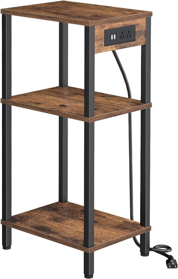Creso hom Side Table with Charging Station, Tall End Tables Living Room, 30 Inch Skinny Night Stand with Storage, Small Bedside Tables for Bedroom, Office, Dorm, Hallway, Rustic Brown