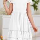 HOSIKA Girls Lace Flower Boho Ruffle Sleeve A-Line Tiered Summer Dress for Wedding Party with Pockets (White)