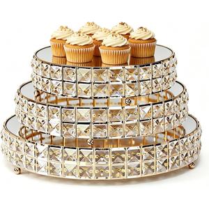 Set of 3 Gold Crystal Mirror Cake Stands, 14"/12"/10" Round Decorative Trays with Replacement Crystals & Mirror Glass, for Wedding Dessert Table, Vanity Perfume Organizer, Home & Party Display