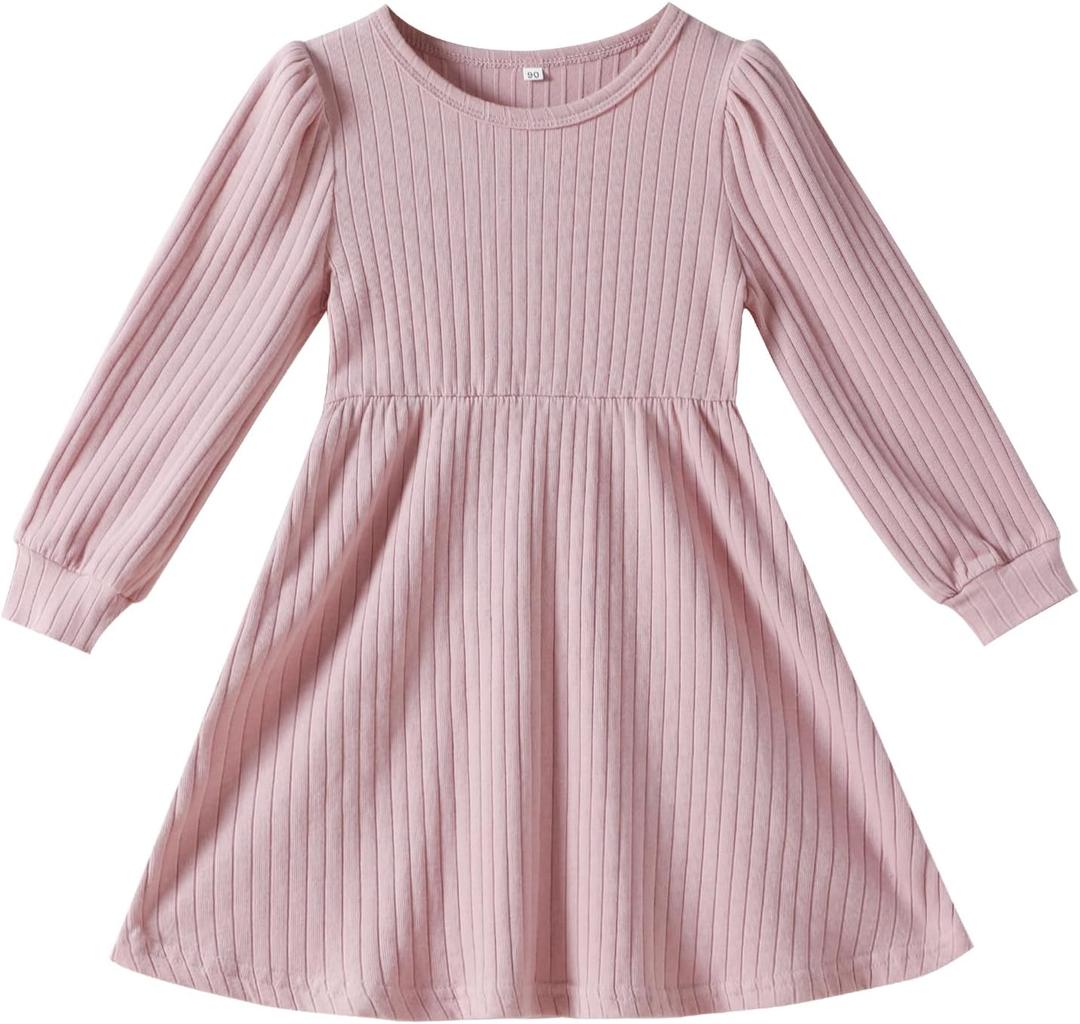 Toddler Girl Long Sleeve Dress Baby Ribbed Knit Sweater Dresses A Line Fall Winter Kids Clothes Casual (White)
