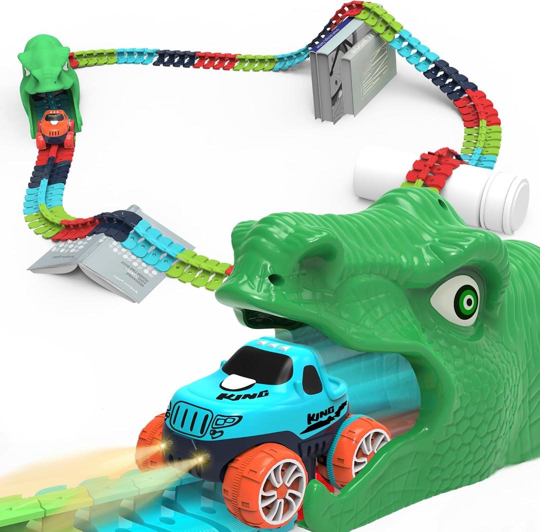 Race Car Track Toy for Kids Ages 3 4 5 6 7 8+ with LED Light-Up Vehicles, Flexible Dinosaur Race Track Battery Electric Race Car Track Set, Gifts Toys for Boys Girls Toddlers (240pcs 2Car)