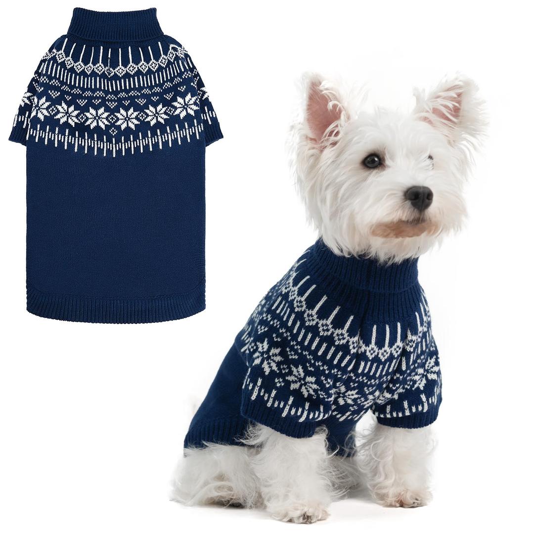 EXPAWLORER Turtleneck Dog Jumper - Knitted Dog Clothes in Fair Isle Snowflake Patterns, Warm Comfortable Puppy Jumper Pet Sweater with Sleeves, Winter Pet Outfit Pullover for Dogs Cats, Blue Large