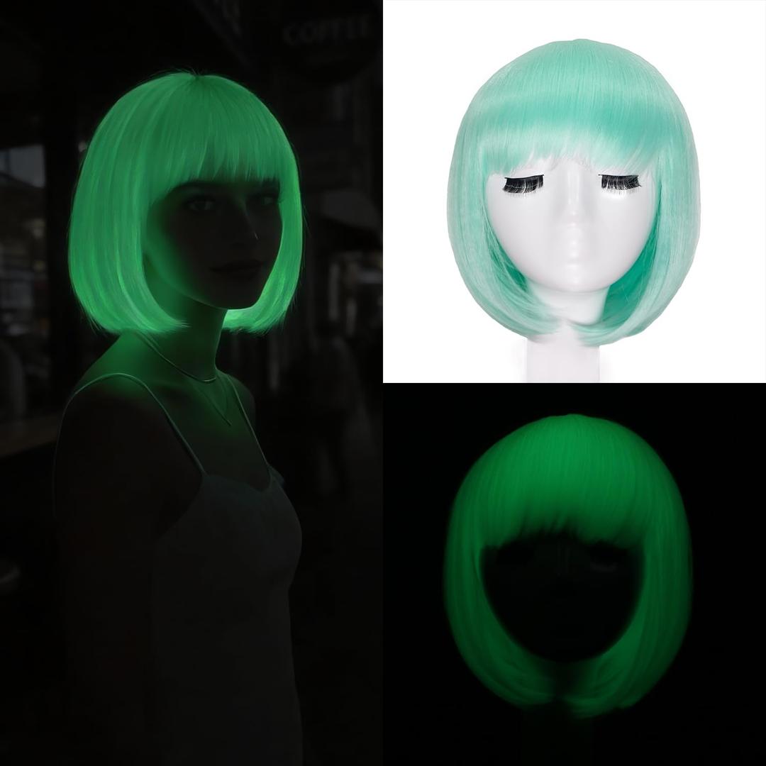 Light Green Short Bob Wig with Bangs for Women Glowing in the Dark Synthetic Hair 10 Inch