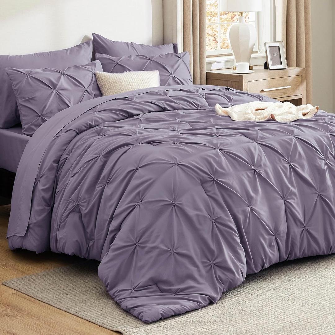 Bedsure Queen Comforter Set - Bed in a Bag Queen Size Bedding 7 Pieces, GentleSoft Pintuck Bed Set Gift for Family, Pinch Pleat Grayish Purple Comforter with Sheets, Pillowcases & Shams