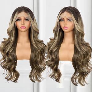 Highlight Brown Lace Front Wig for Women 13x4 Body Wave Synthetic Wigs Balayage Pre-plucked Long Wavy 150% Density Heat Resistant Hair Daily Use 26 Inch