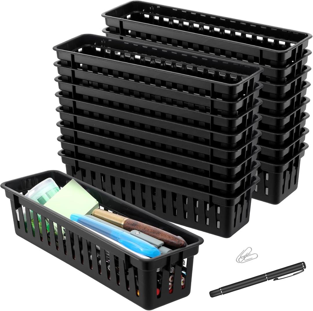 24 Pcs Narrow Plastic Pencil Basket Trays, 10" x 3" Plastic Baskets for Storage, Small Black Narrow Plastics Pencil Basket for Classroom Desk Home Office Organizing Supplies