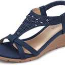 TEMOFON Women's Low Wedge Heels Summer Dressy Platform Sandals Elastic Ankle Strap Open Toe Flower Shoes Size 38