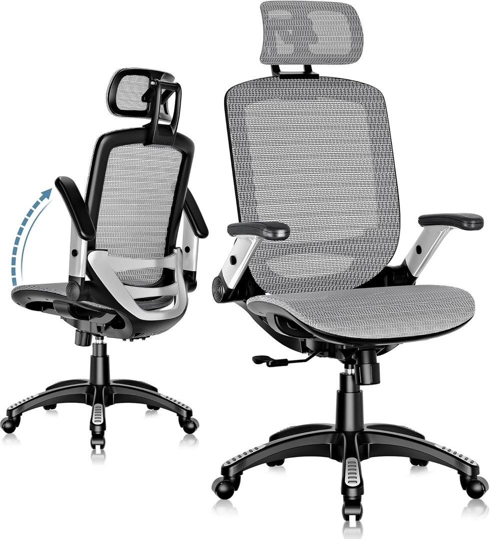 GABRYLLY Ergonomic Office Chair, High Back Home Desk Chair with Headrest, Flip-Up Arms, 90-120 Tilt Lock and Wide Cushion, Big and Tall Mesh Chairs for Man Woman, Grey Task Chair