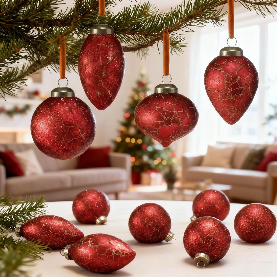 24 Pcs Vintage Rustic Christmas Ball Ornaments 2.36 Inch Antique Copper Farmhouse Distressed Christmas Tree Balls Xmas Hanging Decor for Holiday Winter Decoration (Various Shapes,Burgundy)