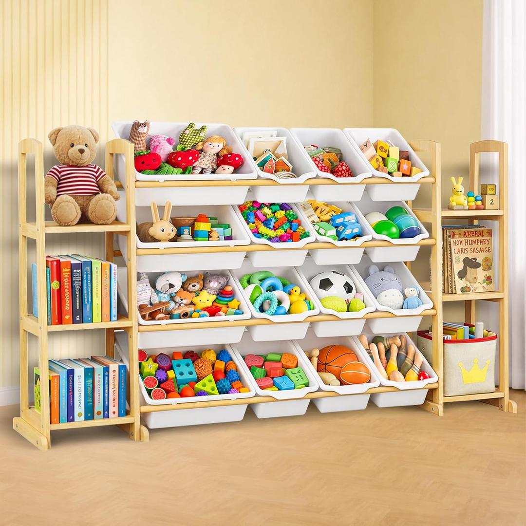 Etitlly Kids Toy Storage Organizer with Bookshelf – Wooden Shelf with 16 Bins & 6 Shelves, Quick Assembly Storage Rack for Playroom, Bedroom, Nursery - White
