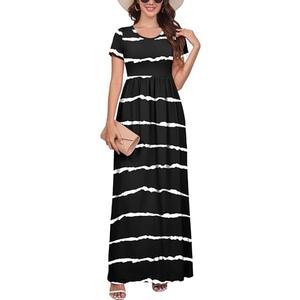 DEARCASE Maxi Dress for Women Black Wave Striped Medium Round Neck Boho Short Sleeve A-line Casual Hawaiian Flowy Party Vintage Spring Summer Beach Long Dresses with Pockets M