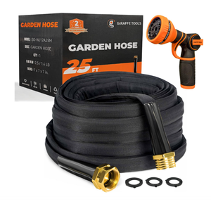 Giraffe Tools Garden Hose 25FT Lightweight Lay Flat Water Hose Kink Free Flexible Hose with 9 Spray Function Nozzle (Black）