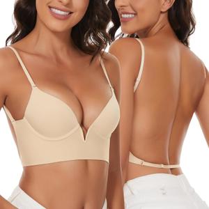 Low Back Bras-Seamless Deep-V Plunge Invisible Backless Bra-Lightly Lined Underwire Halter Multiway Low Cut Bra (32DDD, Sand)