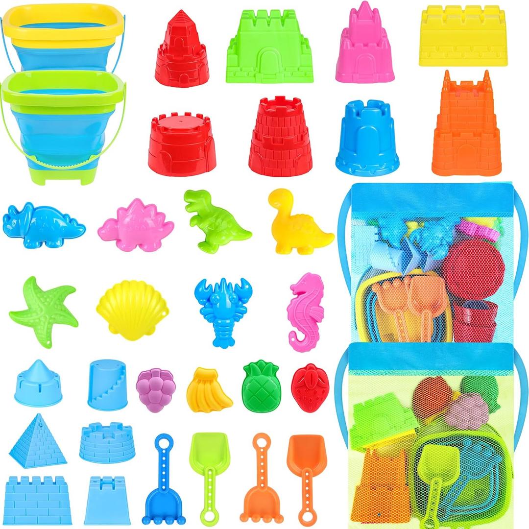 Collapsible Beach Toys Set for Kids Toddlers, Travel Beach Sand Castle Kits with Mesh Bag & Molds, Collapsible Sand Bucket and Shovel Set, Sandbox Toys for Toddlers Kids Age 3-12