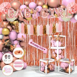 181pcs Rose Gold Baby Shower Decorations, Baby Girl Shower Decorations with Balloon Arch Kit, Baby Boxes, Paper Pom Poms, Fringe Curtains, Sash, Cake Copper