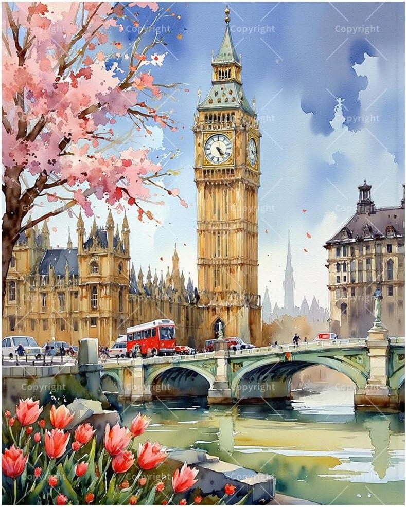 London Scene Paint by Numbers Kit for Adults - DIY Big Ben and Cherry Blossoms with Red Bus Painting on Canvas, Acrylic Paint Set for Beginners, Art for Home Decoration or Gifts(16X20IN Framed)