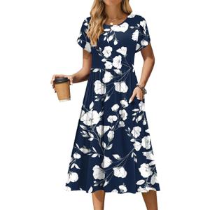 Zeagoo Women Summer Short Sleeve Midi Dress with Pockets Casual Aline Flowy Tshirt Dress Floral Vocation Beach Sundress (Medium, White Floral Blue)