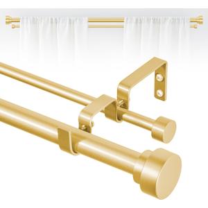TANGWIN Gold Double Curtain Rods for windows 36 to 88:Adjustable Heavy Duty Double Curtain Rod for Bedroom Living Room,1 Inch Brass Gold Iron Moden Decorative Telescopic Dual Drapery Rod Easy Install