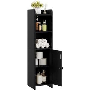 Lomojo Small Bathroom Storage Cabinet, Toilet CabinetFreestanding Bathroom Organizer for Small Spaces, Narrow Toilet Paper Corner Floor with Door and Shelves,Black, 7.87"D x 7.87"W x 30.9"H
