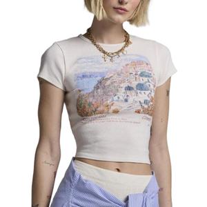 Y2k Baby Tee Short Sleeve Graphic Crop Top Women Teen Girl Floral Cute Crew Neck Slim Fit Vintage Cropped Shirts (Medium, White Blue Orange)