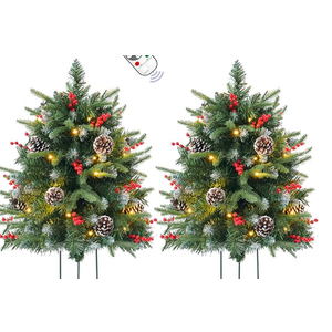 2 Pack Prelit Outdoor Christmas Tree 30 Inch, Remote Control Battery Operated with 100 Warm White Multi-Color Changing LED Lights, Small Pre-Decorated Green Xmas Tree for Pathway, Porch (Gold)