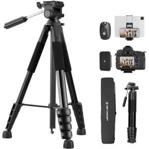 K&F CONCEPT Camera Tripod, 75" Lightweight Portable Travel Outdoor DSLR Tripods for Camera Phone Video Recording Tripod Stand, Cellphone Clip for Smartphone Live Streaming Vlog, Black