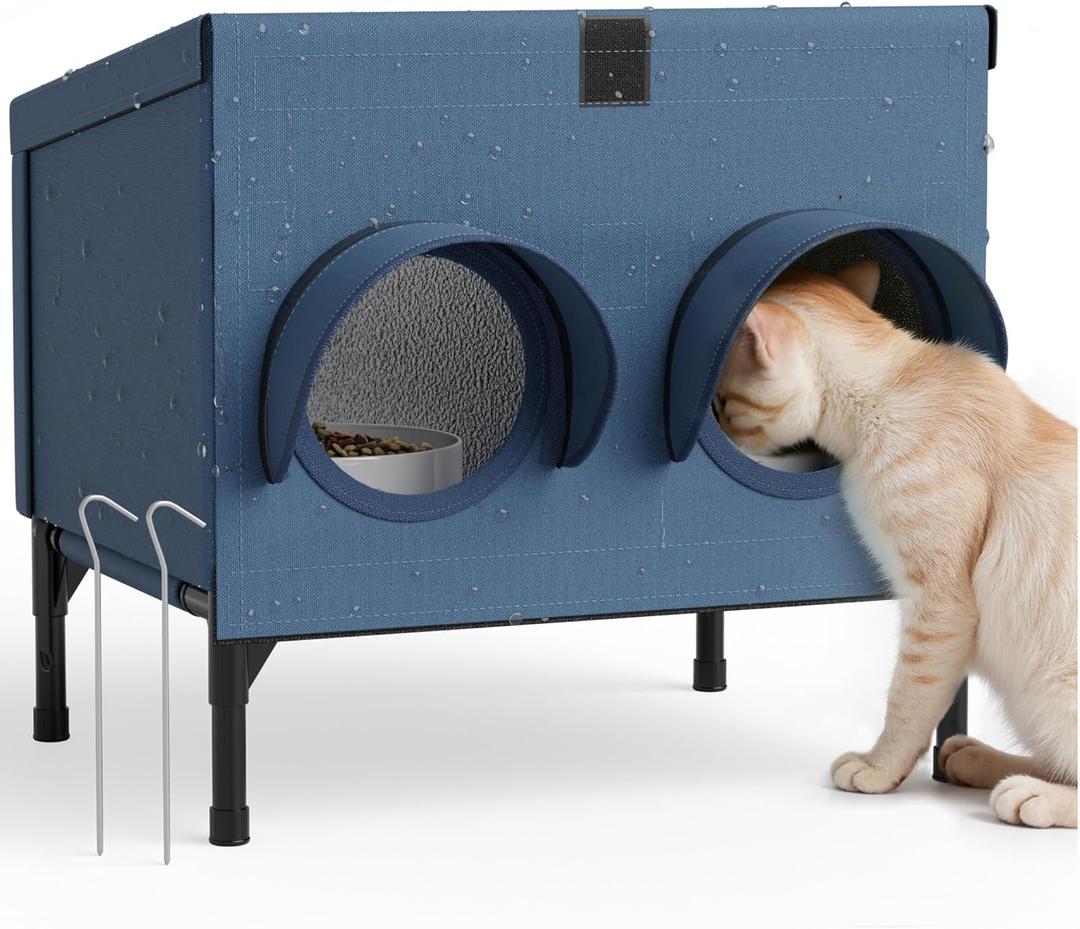 Outdoor Cat Feeding Shelter for Feral & Stray Cats, Insulated Dining Room with Slanted Roof & Double Feed Hole, Connects to PELUOMOZ Cat Houses, Windproof & Weatherproof Navy Blue, 16"12"15.5"