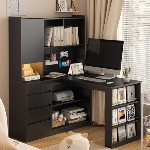 KEIKI L Shaped Home Office Desks with LED Light, Pegboard, Hutch, Drawers, Bookshelf & Storage Shelves, Modern Wooden Gaming Computer Corner Table for Work, Study, Writing : Home & Kitchen