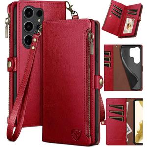XcaseBar Compatible with Samsung Galaxy S25 Ultra Wallet case with Zipper Credit Card HolderRFID Blocking,Flip Folio Book PU Leather Phone case Shockproof Cover Women Men for S25 Ultra case Red