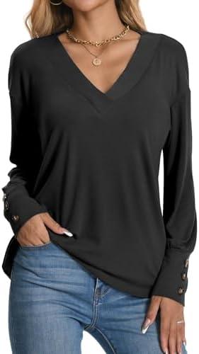 Women's 2025 V Neck Buttons Down Long Sleeve T Shirts Casual Loose Tops Fall Fashion Basic Blouses Small