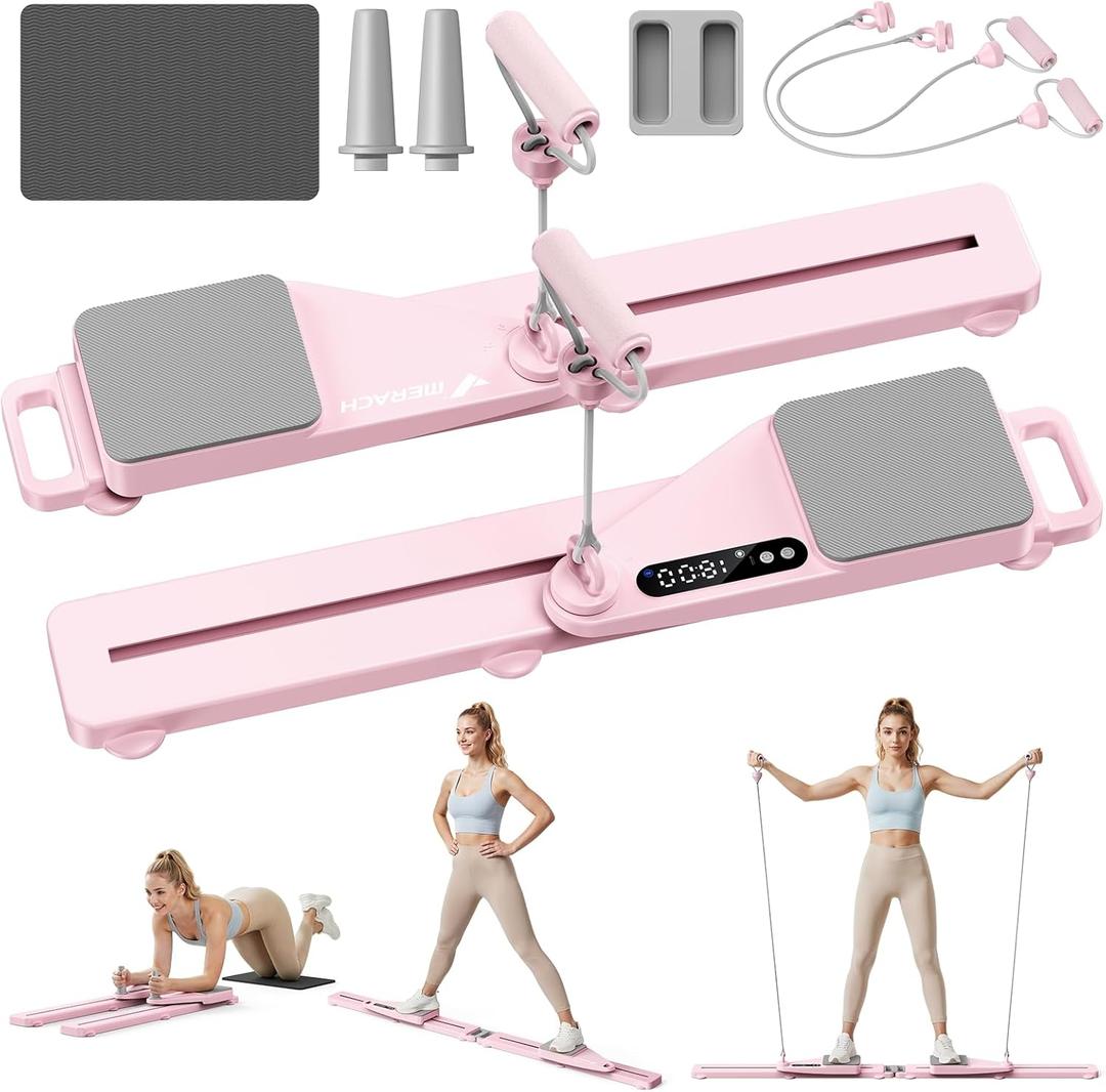 MERACH Pilates Board, Pilates Reformer Set with Timer and Resistance Bands, Portable Pilates Equipment for Home Workout, Ab Core Trainer Pilates Kit for Women and Beginners (Pink)