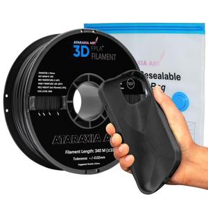ATARAXIA ART Flexible PLA Filament 1.75mm,Flexible 3D Printer PLA 1Kg/2.2lb Spool 5X Longer Stretch,Easy Than TPU Extruder,89A Shore Hardness,.03mm Patent Formula,Filament Storage Bag, FPLA Black