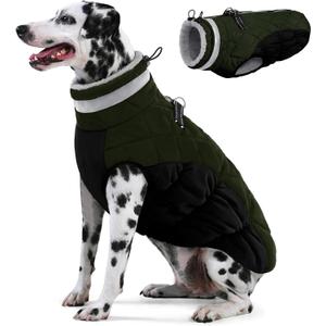 AOFITEE Dog Coat, Warm Dog Jackets for Large Dogs, Reflective Turtleneck Dogs Winter Coat with Harness Built in, Waterproof Windproof Pet Snow Jacket Fleece Vest for Cold Weather, Green XXL
