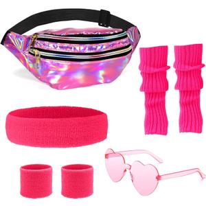 80s Workout Outfit for Women Neon Leg Warmers Headband Wristbands Holographic Fanny Pack Sunglasses for Yoga Running (Rose)