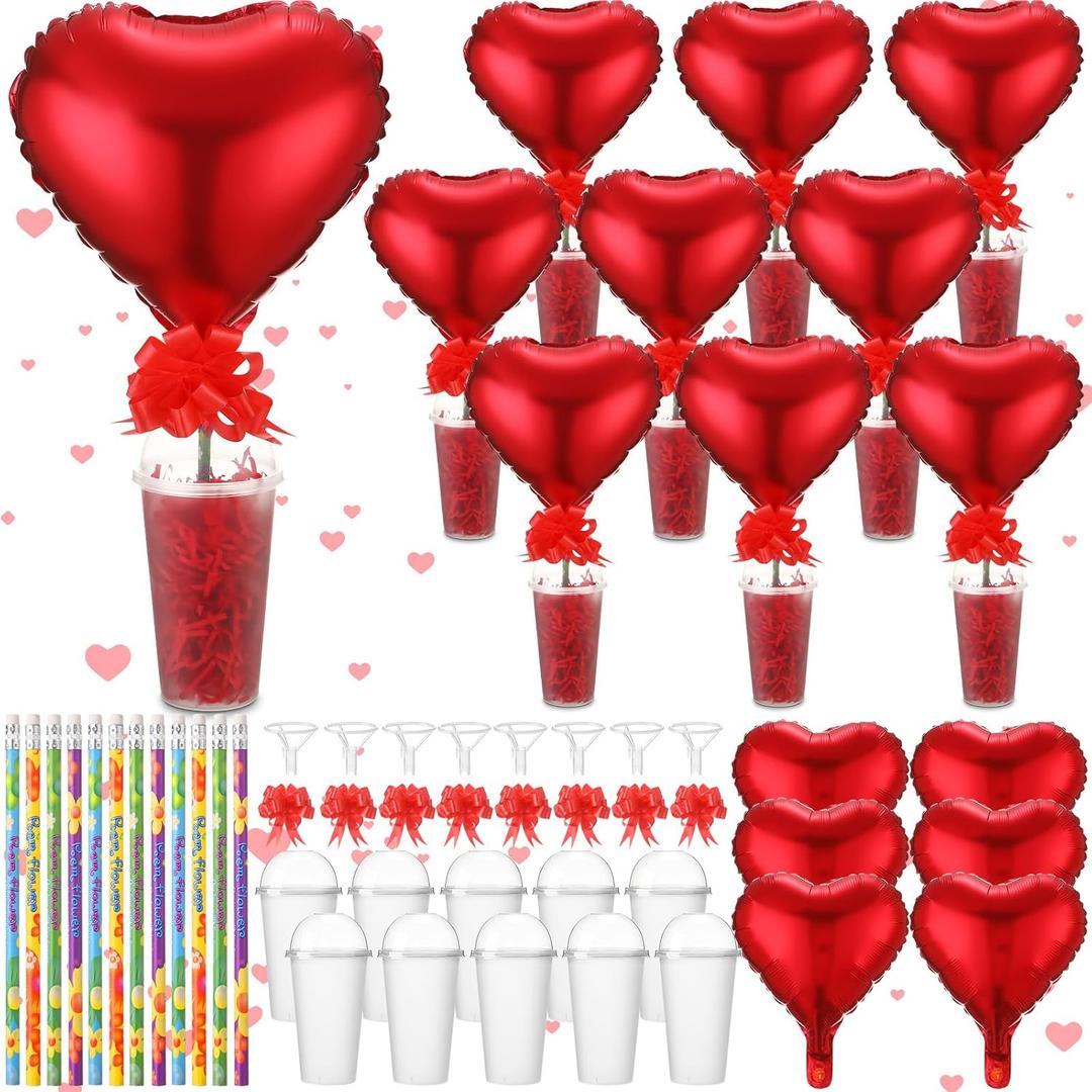 28 Sets Valentine's Day Stationery Return Gifts with Transparent Plastic Cups, Balloons, Bows, Raffia Grass and Pencils for Classroom Valentine's Exchange and School Party Favors(Heart)