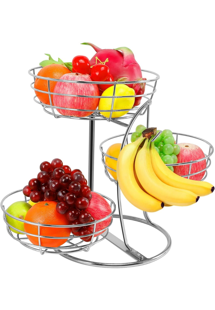 Livabber Fruit Basket Bowl with Banana Hanger, Fruit Vegetable Storage Basket with Banana Tree Holder for Kitchen Counter, Detachable Organizer for Bread Snack Produce (Chrome, 3-Tier Metal Base)
