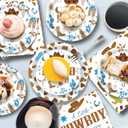 My First Rodeo Decorations Boy 63 PCS Cowboy Birthday Party Decoration Set Blue Brown Party Decor Supplies with Banners Paper Dinner Dessert Plates Napkins Tablecloth Tableware