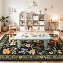 3x5 Entryway Rug Non Slip, Black Washable Floral Area Rug for Bedroom Playroom, Soft Vintage Carpet with Rubber Backing, Stain & Fade Resistant, Low Pile Flower Mat Modern Farmhouse Decor