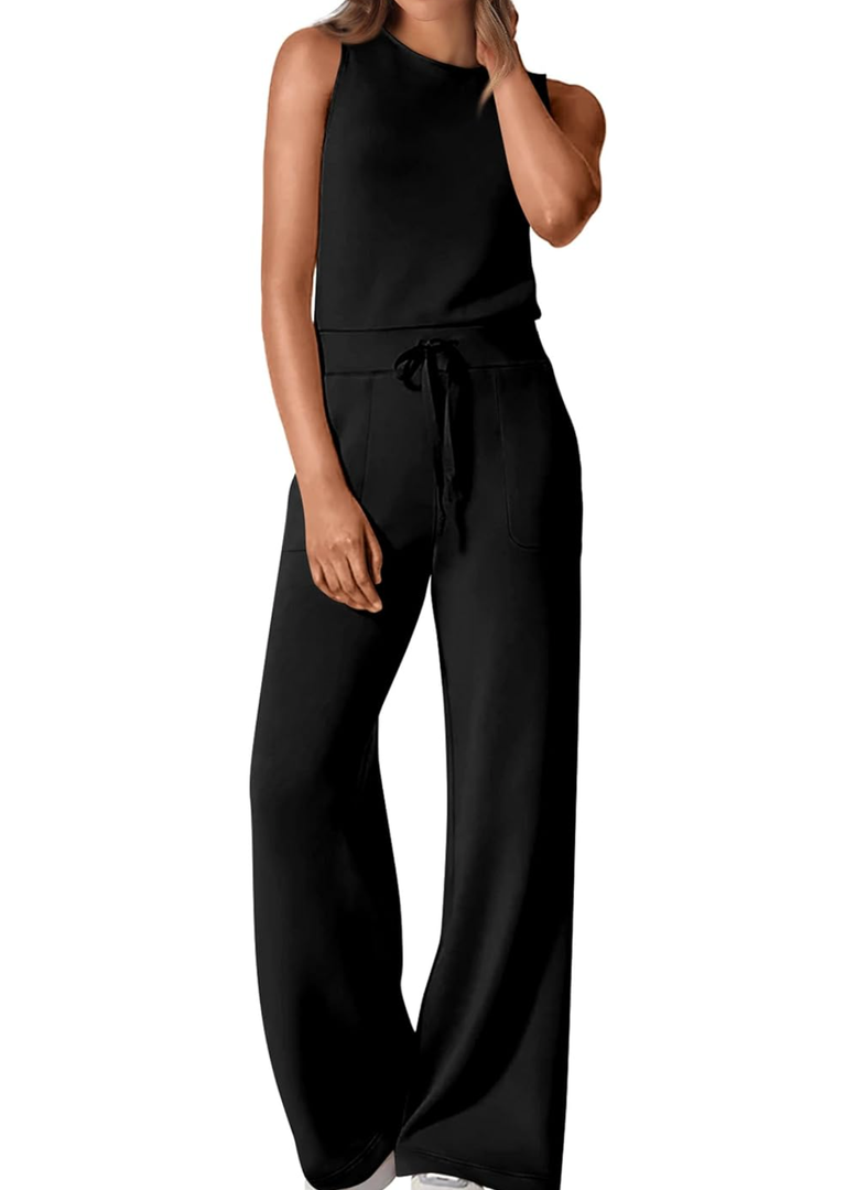 PRETTYGARDEN Womens Jumpsuits Summer Casual One Piece Outfits Sleeveless Wide Leg Long Pants Rompers, L